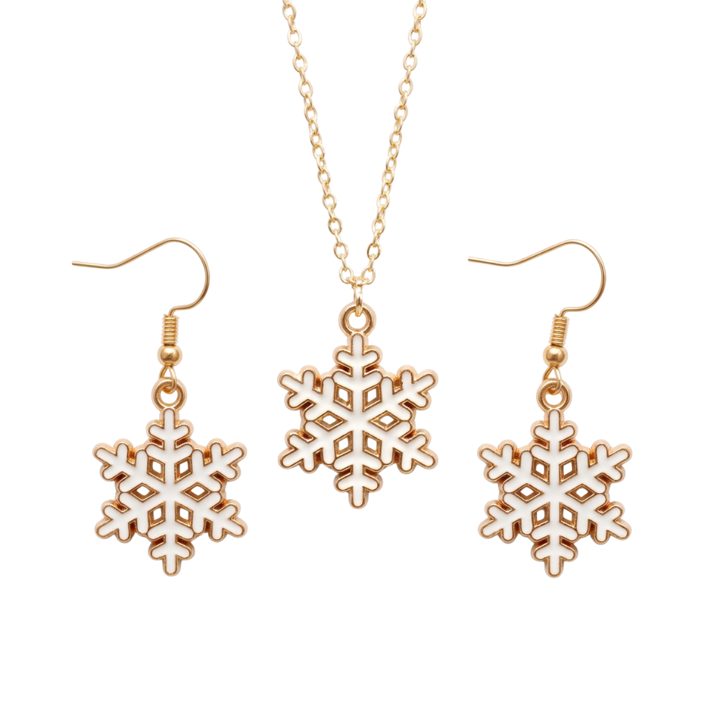 Spiky Snowflake Golden Christmas Pendant Set (Necklace & Earrings)