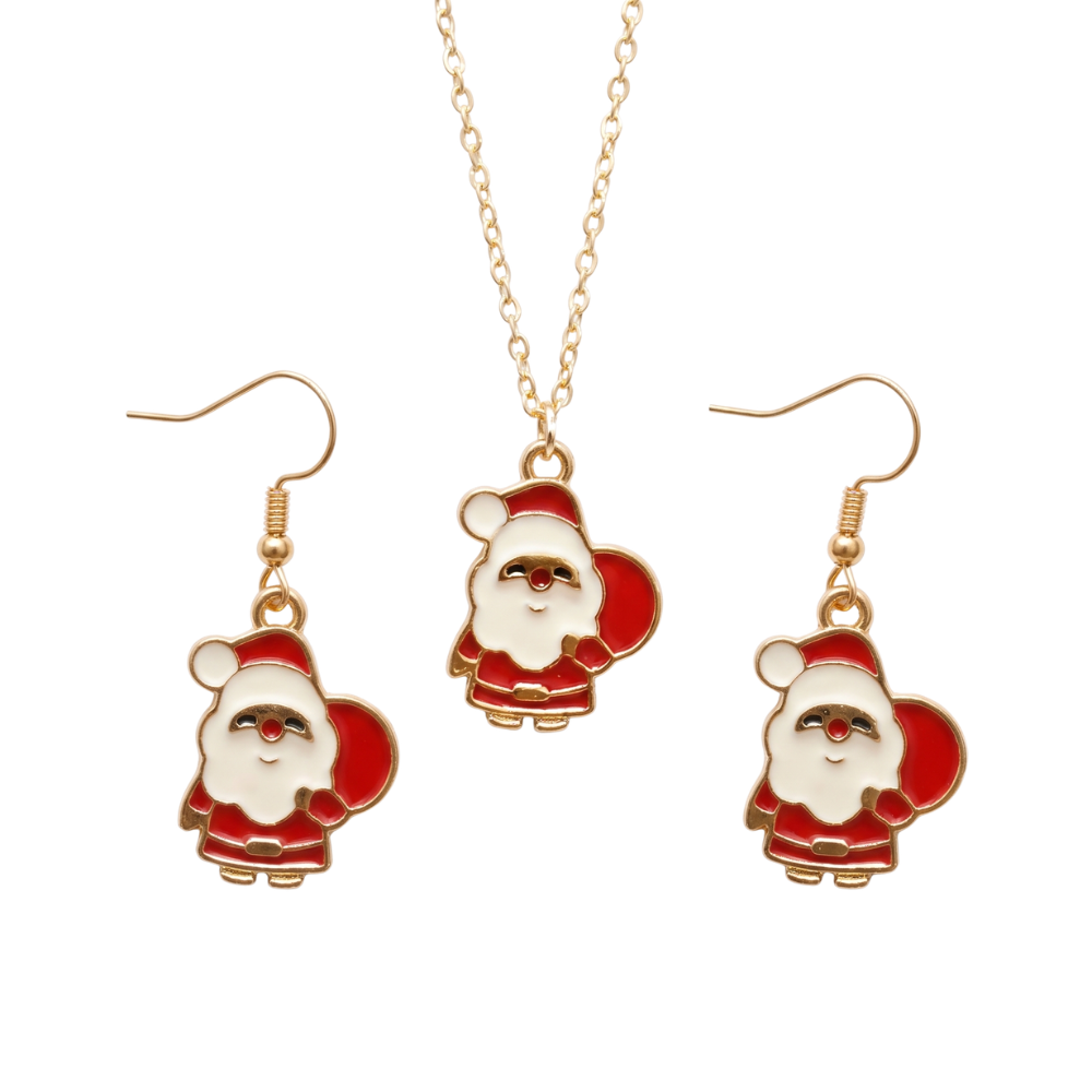 Cute Mini Santa Claus Golden Christmas Pendant Set (Necklace & Earrings)
