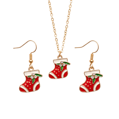Mini Xmas Sock Golden Christmas Pendant Set (Necklace & Earrings)
