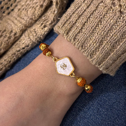 Rudraksha & Pearl-Finish Om Unisex Bracelet
