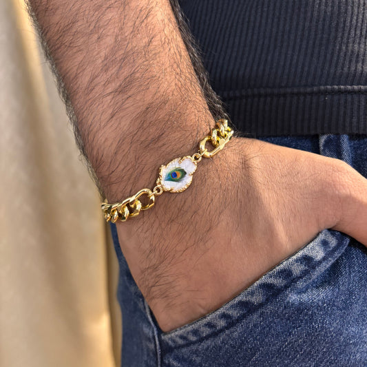 Chunky Curb Peacock Feather Unisex Bracelet