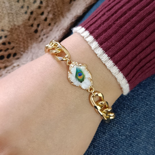Chunky Curb Peacock Feather Unisex Bracelet