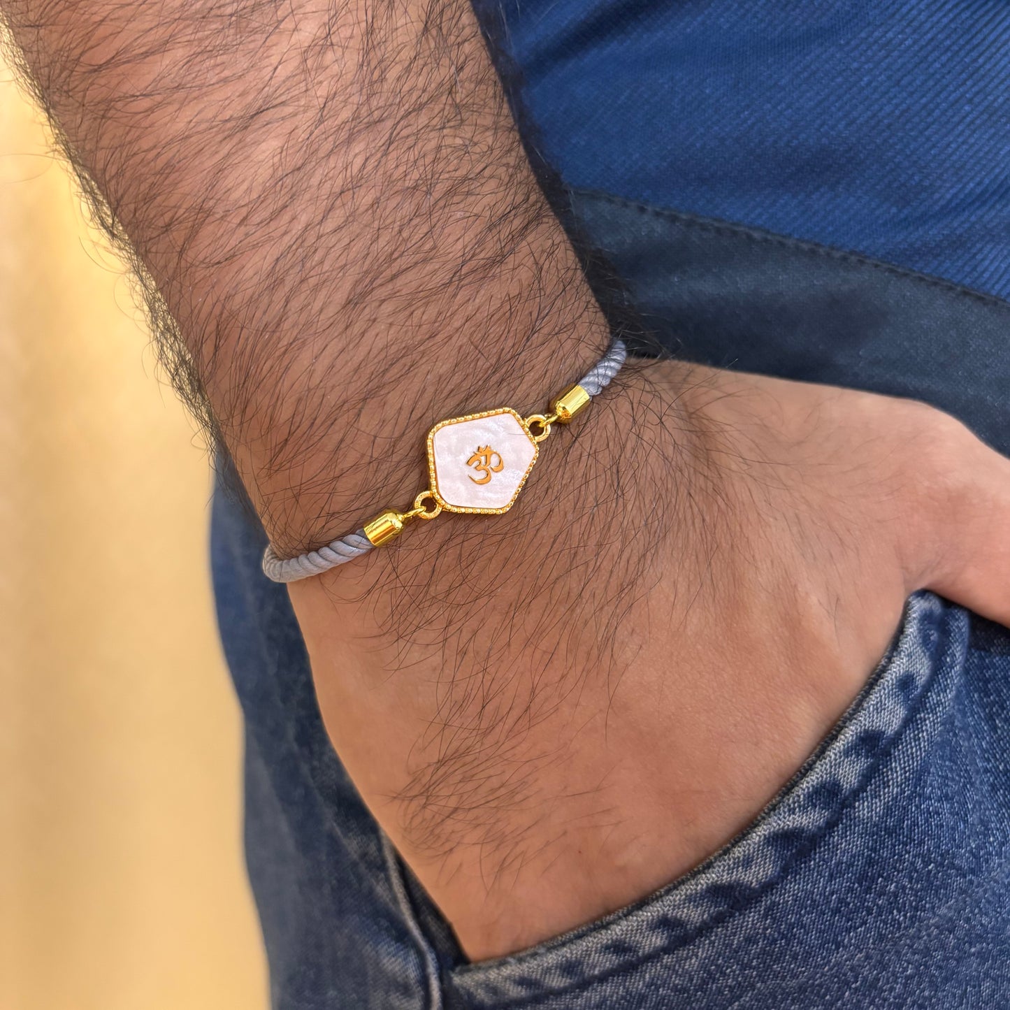 Pearl-Finish Om Grey Nylon Slider Bracelet for Men