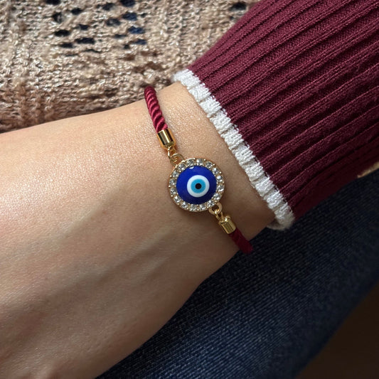Studded Round Evil Eye Nylon Slider Unisex Bracelet