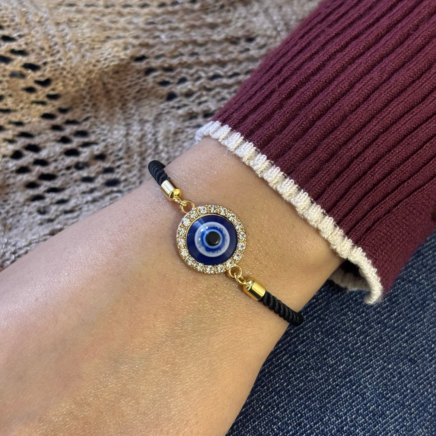 Round Glittery Evil Eye Nylon Slider Bracelet for Women