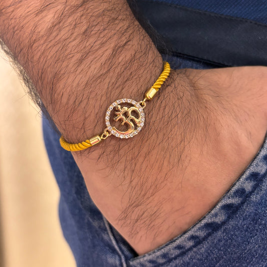 Studded Om Yellow Nylon Slider Unisex Bracelet