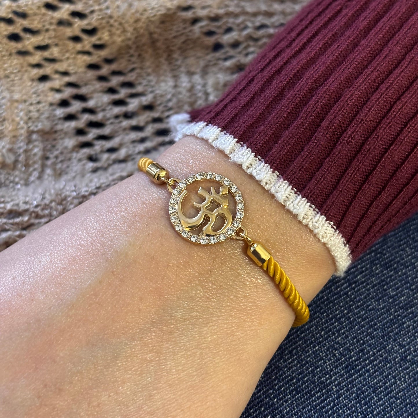 Studded Om Yellow Nylon Slider Bracelet for Women