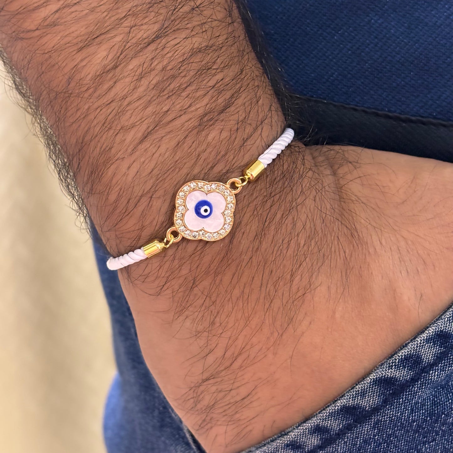 Studded Clover Evil Eye Nylon Slider Bracelet for Men