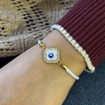 Studded Clover Evil Eye Nylon Slider Bracelet for Women