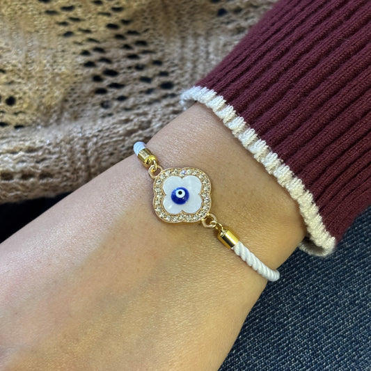 Studded Clover Evil Eye Nylon Slider Unisex Bracelet