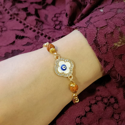 Curb Chain Rudraksha & Clover Evil Eye Bracelet for Women