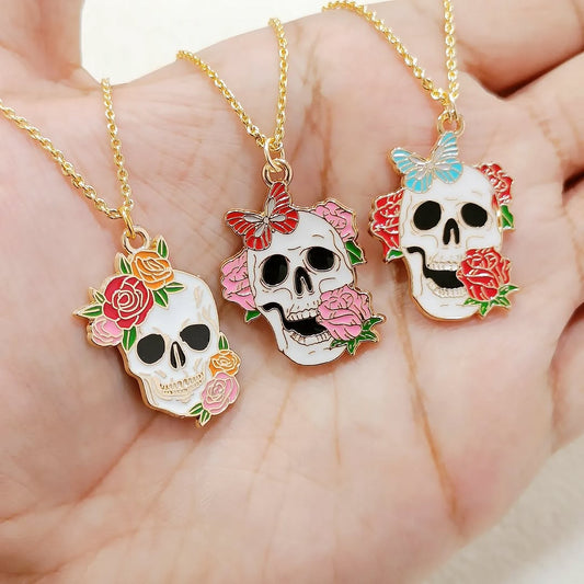 Spooky Trippy Skulls Golden Necklace for Women