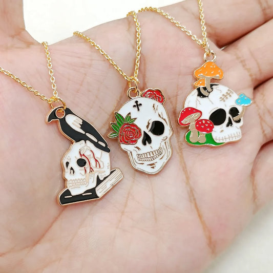 Spooky Trippy Skulls Golden Necklace for Women