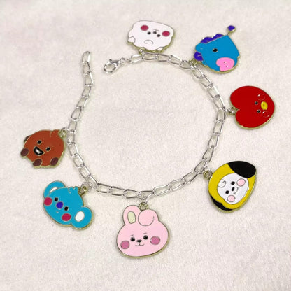 BTS BT21 Character Face Charms Silver Chain Bracelet for Women & Kids