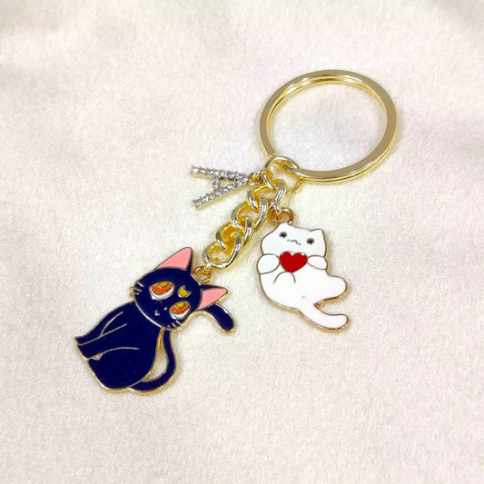 Cute Cat Lover with Personalized Studded Initial Charm Keychain