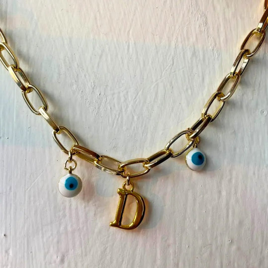 Personalized Golden Initial & White Mini Evil Eye Oval Chain Bracelet