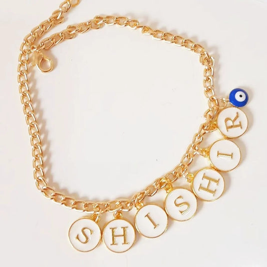 Personalized White Initial Metal Coins & Mini Evil Eye Name Necklace