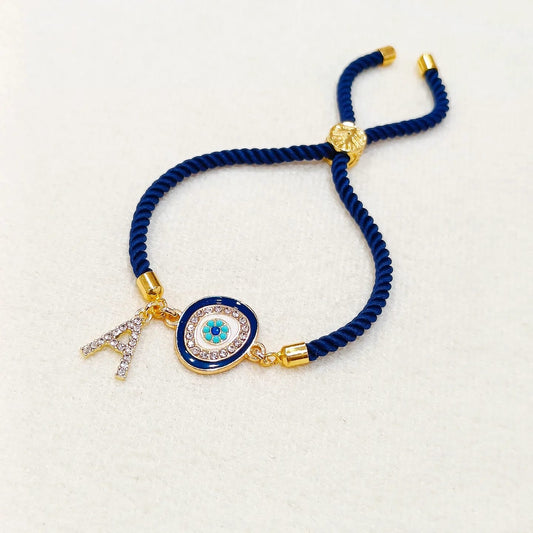Personalized Evil Eye Dark Blue Nylon Slider Bracelet for Women