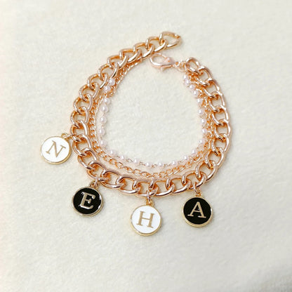 Personalized Rose Golden 3-Layer Chain Black & White Initial Coins Name Bracelet