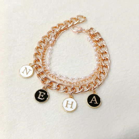 Personalized Rose Golden 3-Layer Chain Black & White Initial Coins Name Bracelet