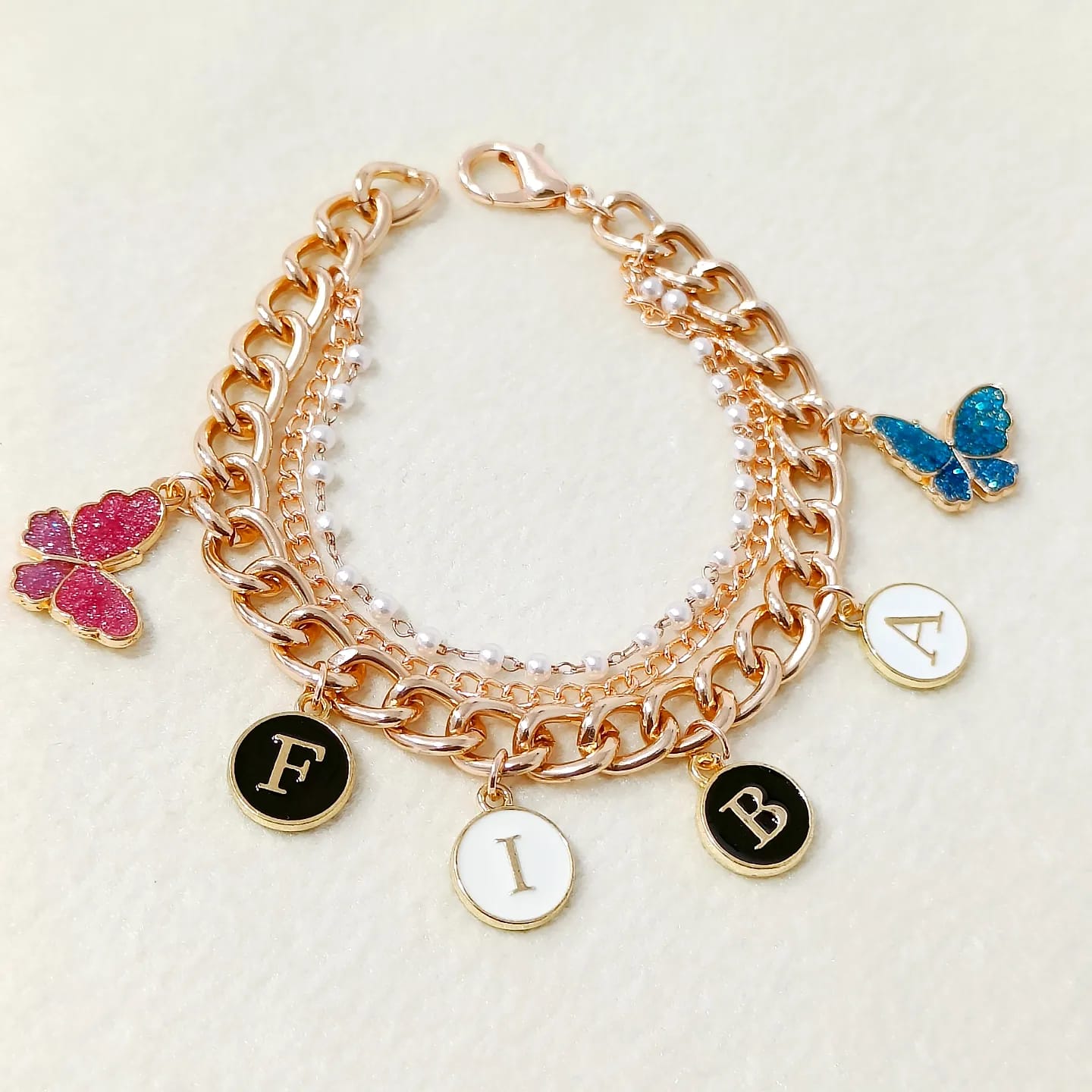 Personalized Butterfly Rose Golden 3-Layer Chain Black & White Initial Coins Name Bracelet