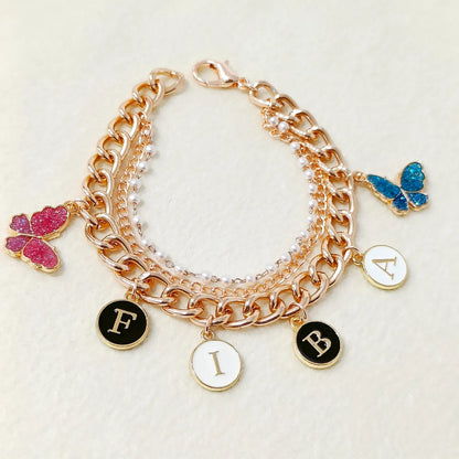 Personalized Butterfly Rose Golden 3-Layer Chain Black & White Initial Coins Name Bracelet