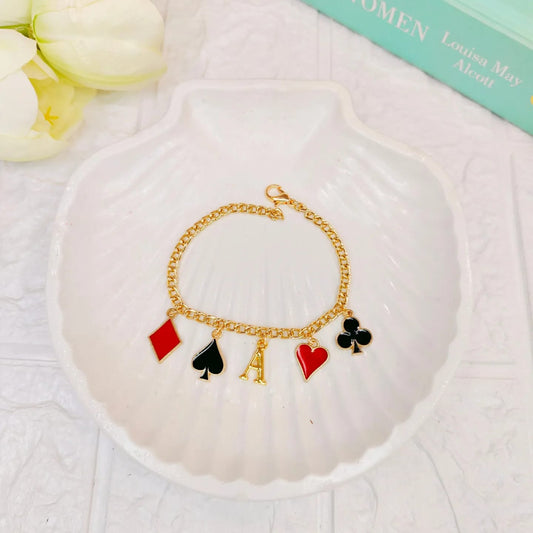 Personalized Golden Initial & Playing Card Suits Charm Bracelet