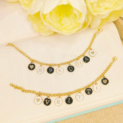 Personalized Black & White Initials & Heart Coins Name Bracelet