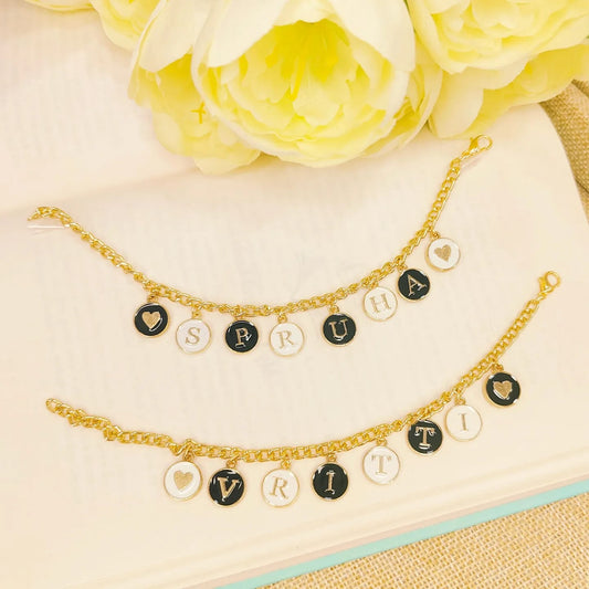 Personalized Black & White Initials & Heart Coins Name Bracelet