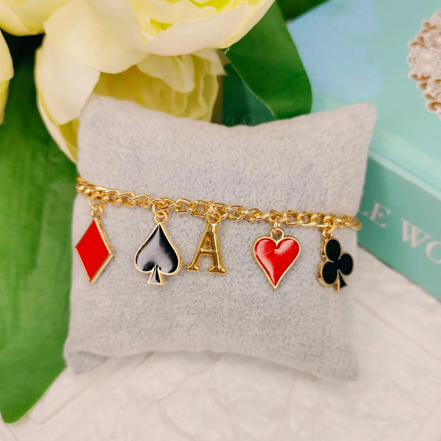 Personalized Golden Initial & Playing Card Suits Charm Bracelet
