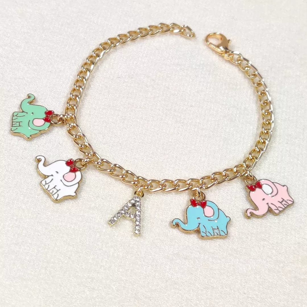 Personalized Mini Elephants & Studded Golden Initial Charms Bracelet