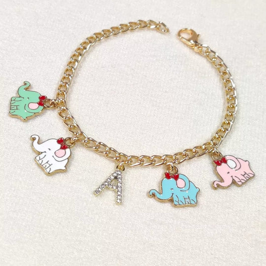 Personalized Mini Elephants & Studded Golden Initial Charms Bracelet
