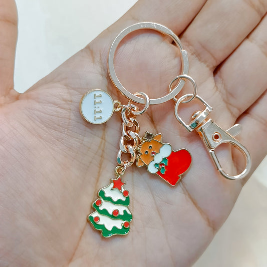 Rose Golden Three Charms Combo Christmas Bag Charm Keychain (Design K18)