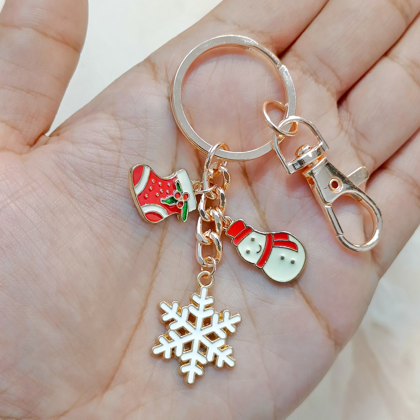 Rose Golden Three Charms Combo Christmas Bag Charm Keychain (Design K22)