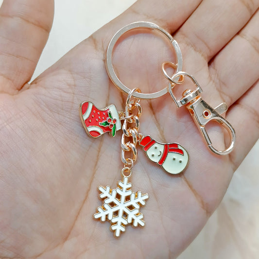 Rose Golden Three Charms Combo Christmas Bag Charm Keychain (Design K22)