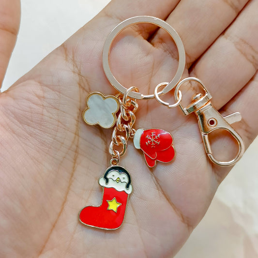 Rose Golden Three Charms Combo Christmas Bag Charm Keychain (Design K26)