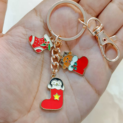 Rose Golden Three Charms Combo Christmas Bag Charm Keychain (Design K38)