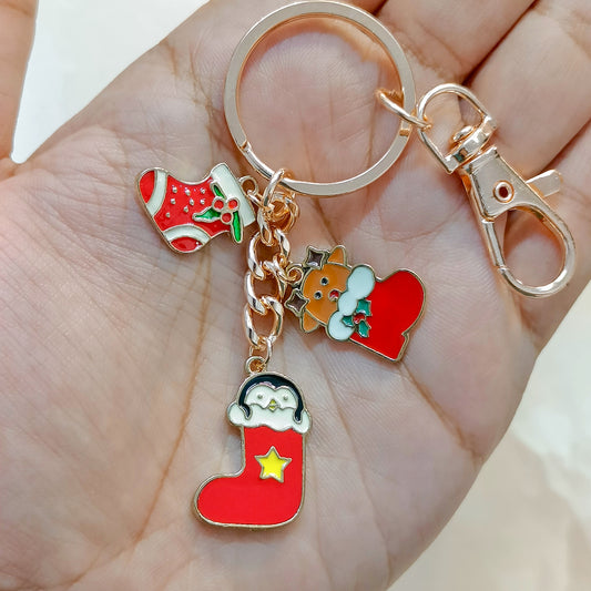 Rose Golden Three Charms Combo Christmas Bag Charm Keychain (Design K38)