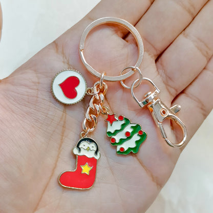 Rose Golden Three Charms Combo Christmas Bag Charm Keychain (Design K7)