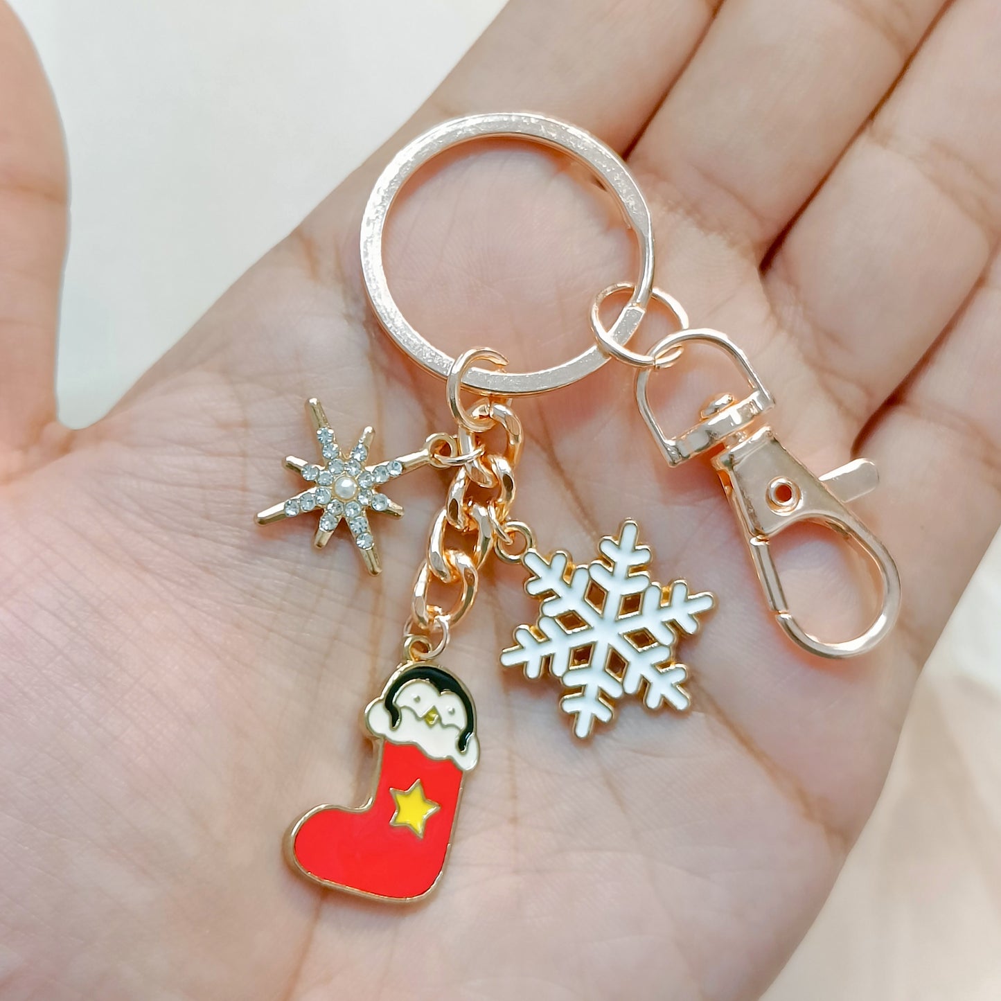 Rose Golden Three Charms Combo Christmas Bag Charm Keychain (Design K8)