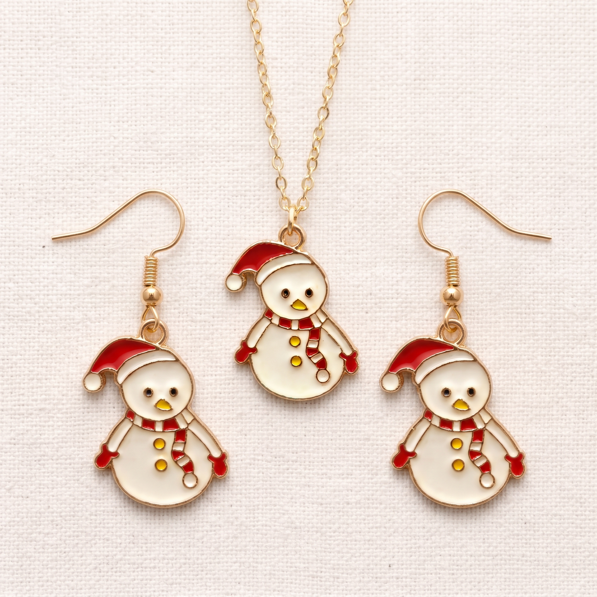 Chonky Snowman Golden Christmas Pendant Set (Necklace & Earrings)