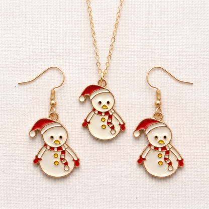 Chonky Snowman Golden Christmas Pendant Set (Necklace & Earrings)