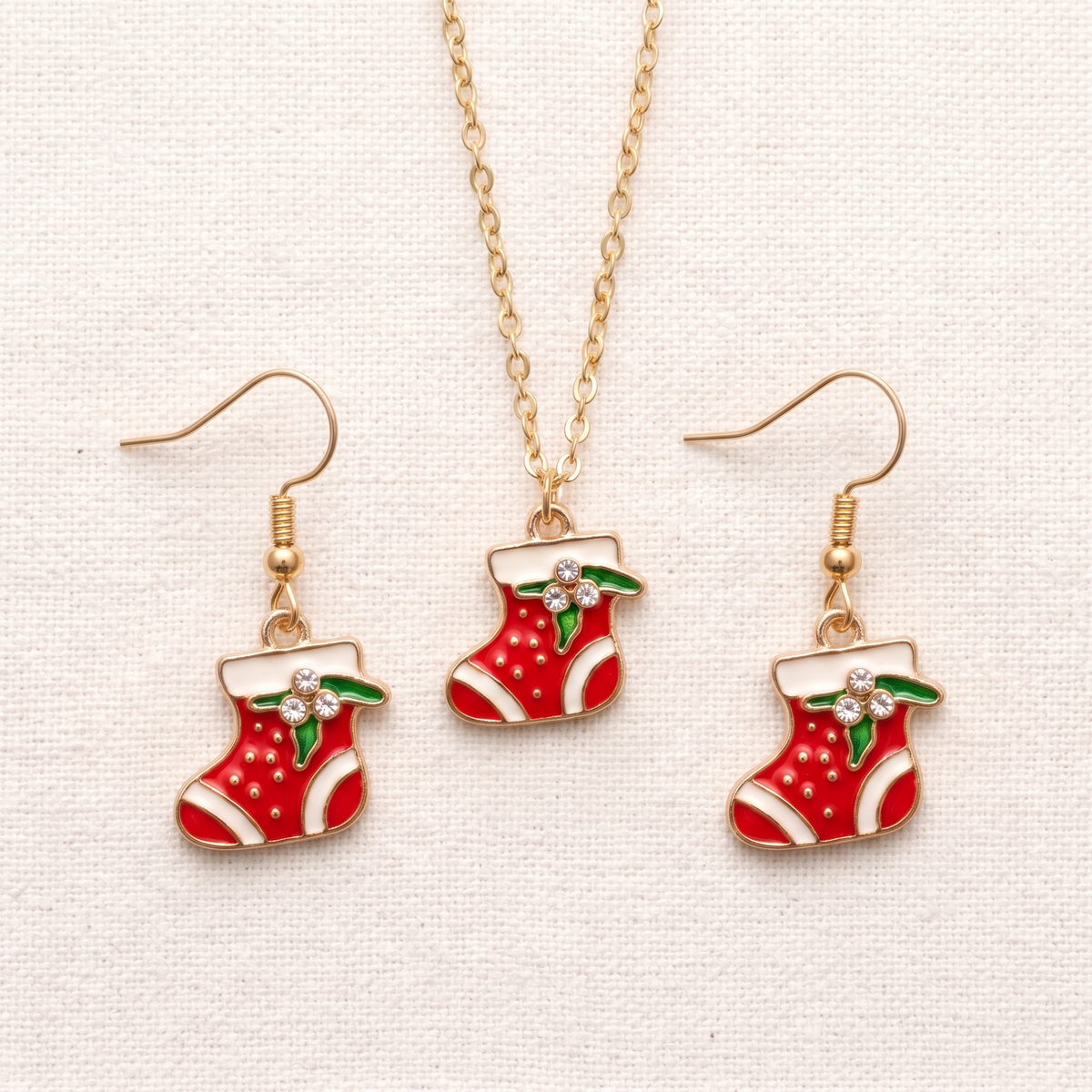 Mini Xmas Sock Golden Christmas Pendant Set (Necklace & Earrings)