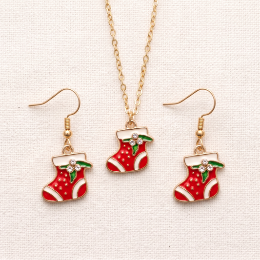 Mini Xmas Sock Golden Christmas Pendant Set (Necklace & Earrings)
