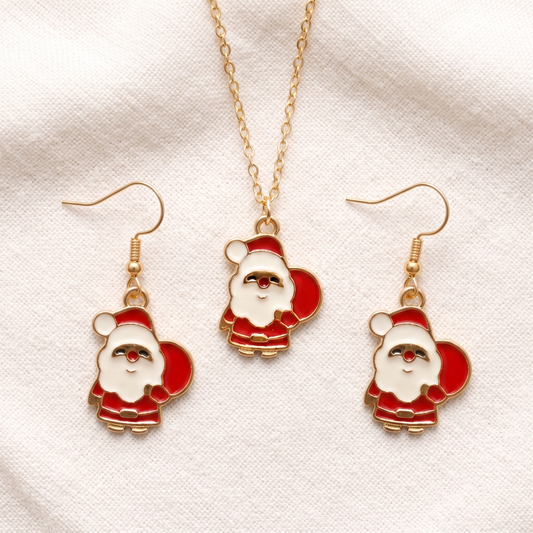 Cute Mini Santa Claus Golden Christmas Pendant Set (Necklace & Earrings)