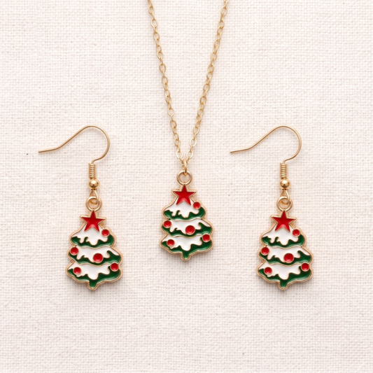 Snowy Xmas Tree Golden Christmas Pendant Set (Necklace & Earrings)