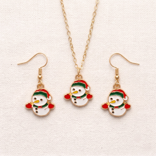 Mini Happy Snowman Golden Christmas Pendant Set (Necklace & Earrings)