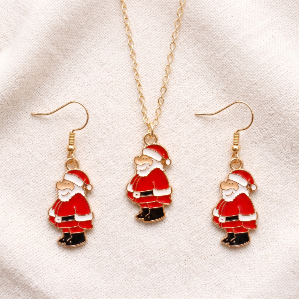 Standing Santa Golden Christmas Pendant Set (Necklace & Earrings)