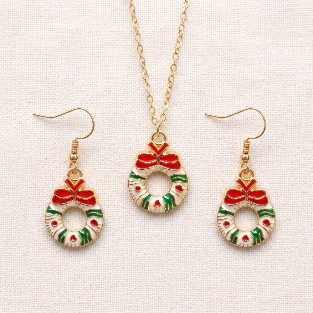 Wreath Golden Christmas Pendant Set (Necklace & Earrings)