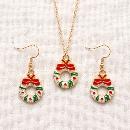 Wreath Golden Christmas Pendant Set (Necklace & Earrings)
